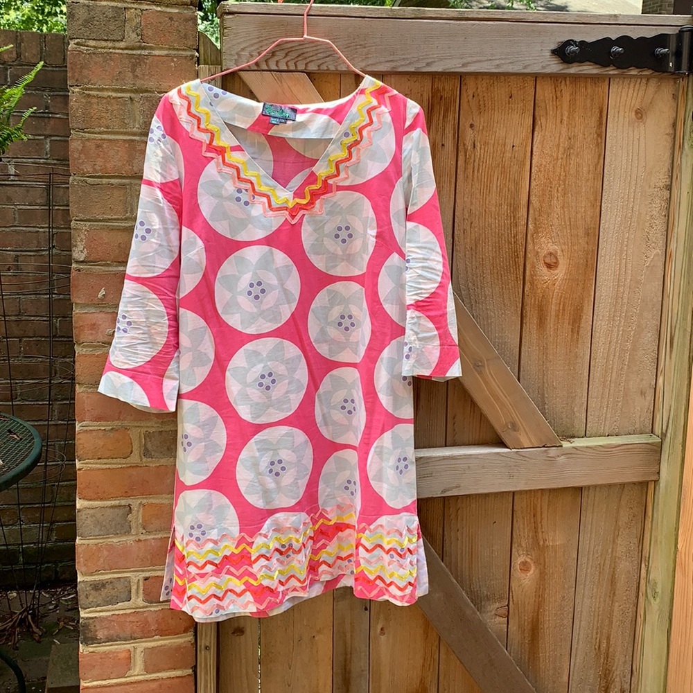 Boden Pink and White Geometric Cotton Shift Dress